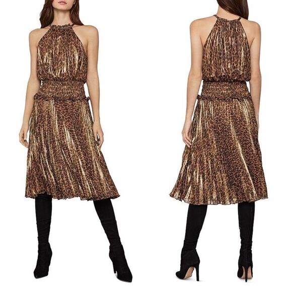 BCBGMAXAZRIA Sleeveless Leopard-Print Halter Crinkle Midi Dress Black Brown XXS - Picture 3 of 5